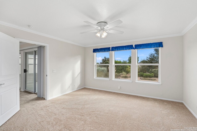 carpeted spare room with ornamental molding, a healthy amount of sunlight, and ceiling fan