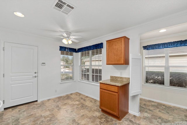 kitchen with crown molding, light stone countertops, and ceiling fan