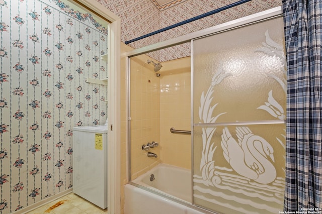 bathroom featuring shower / bath combination with curtain and tile patterned flooring