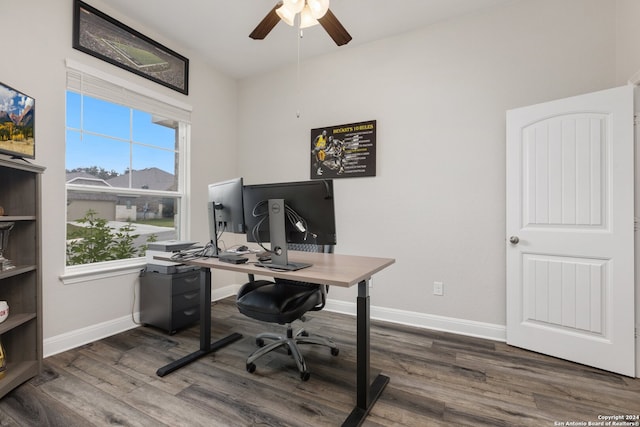 office with ceiling fan and wood-type flooring