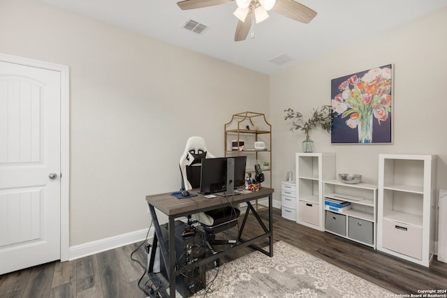 office space with dark hardwood / wood-style floors and ceiling fan