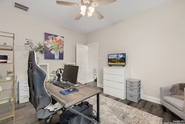 office featuring ceiling fan and dark hardwood / wood-style flooring