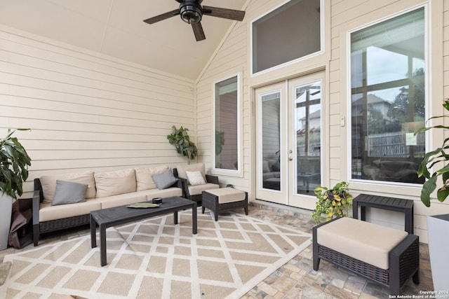 view of patio with ceiling fan and an outdoor living space