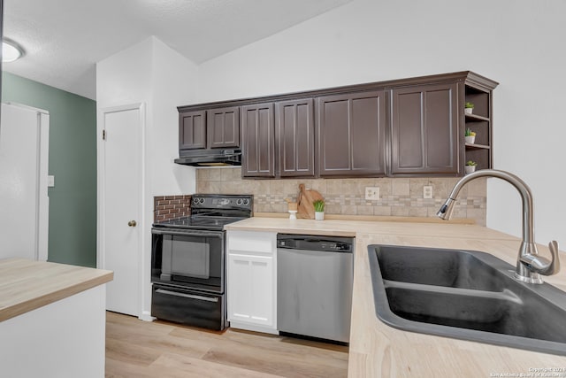 kitchen with black / electric stove, dark brown cabinets, sink, and stainless steel dishwasher