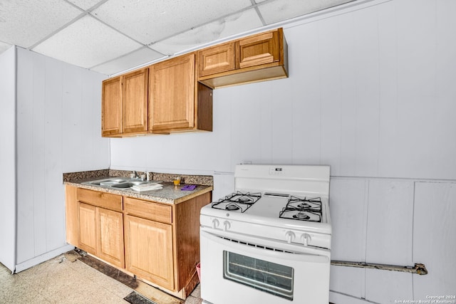 kitchen with sink, wood walls, a drop ceiling, and white range with gas stovetop