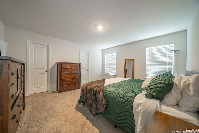 bedroom featuring light carpet