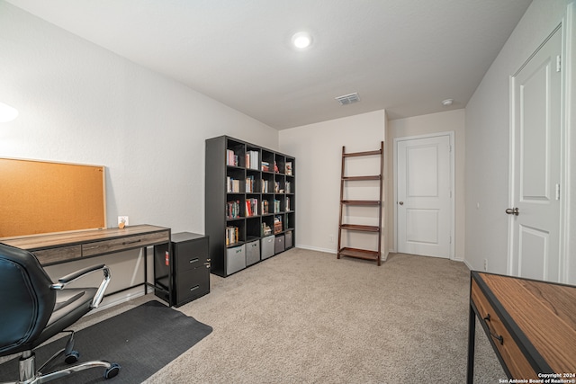 office area featuring light colored carpet