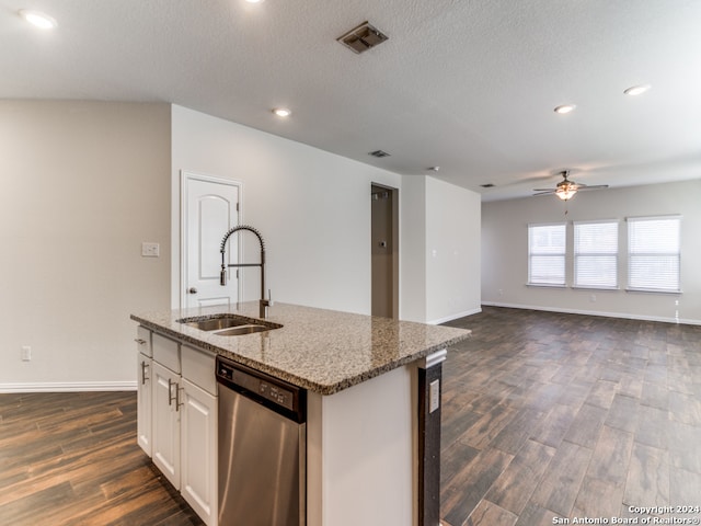 kitchen featuring sink, dishwasher, white cabinets, and dark hardwood / wood-style floors