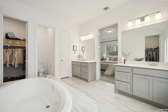 bathroom with vanity, toilet, and a bath