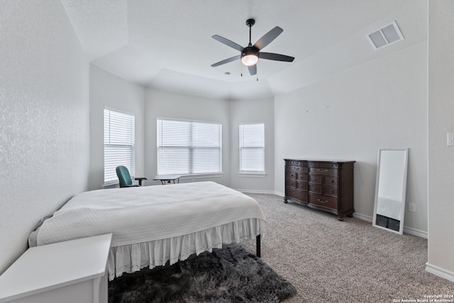 bedroom with carpet floors, a tray ceiling, and ceiling fan