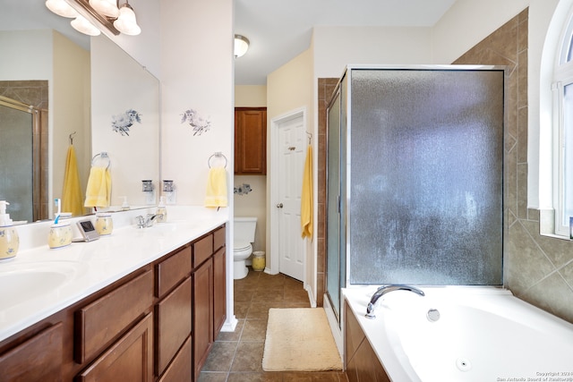 full bathroom with vanity, independent shower and bath, toilet, and tile patterned flooring