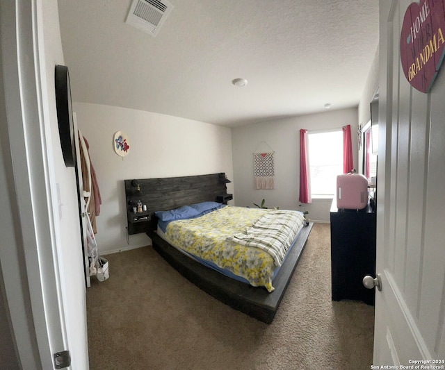 bedroom featuring carpet and a textured ceiling