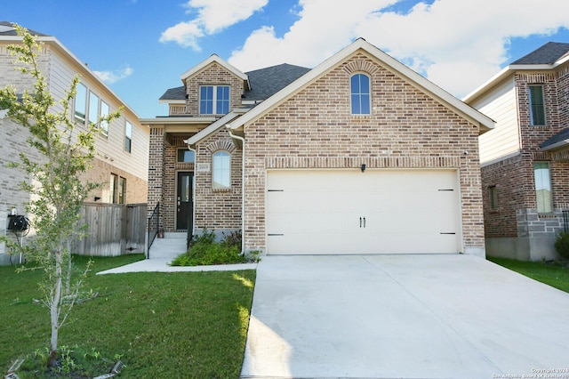 2615 Barkey Spgs, San Antonio, TX 78245 - view of front of property with brick siding, concrete driveway, a front yard, a garage, and roof with shingles