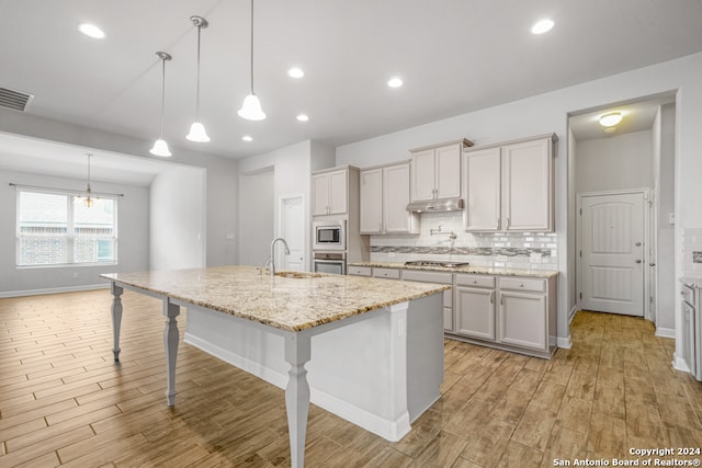 kitchen featuring an island with sink, hanging light fixtures, light hardwood / wood-style flooring, stainless steel appliances, and sink