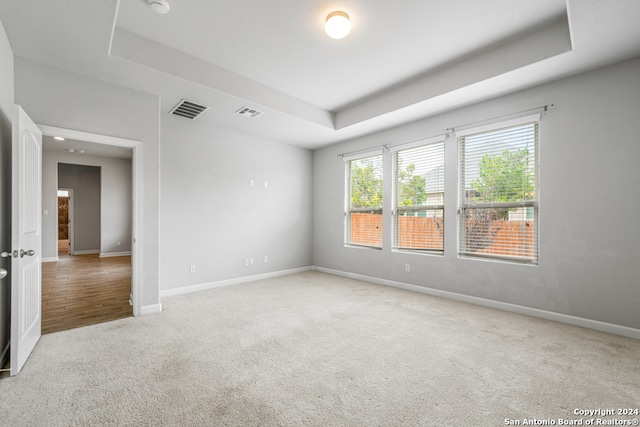 carpeted empty room with a tray ceiling