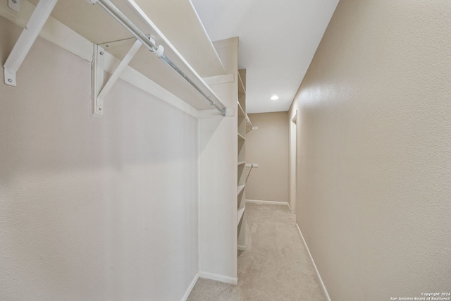 walk in closet with light carpet