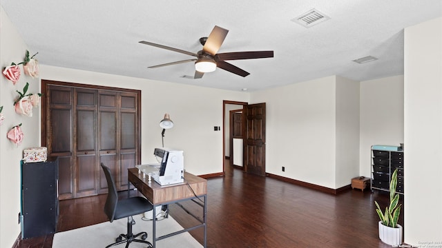 home office with dark hardwood / wood-style floors, a textured ceiling, and ceiling fan