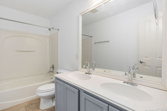 full bathroom featuring toilet, shower / bathing tub combination, vanity, and tile patterned floors