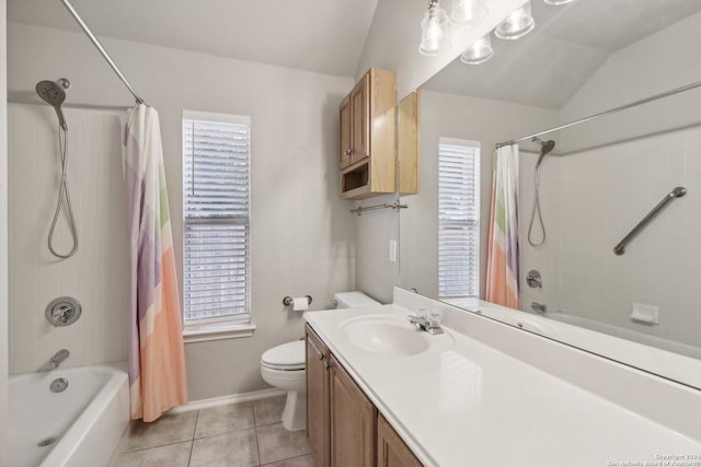 bathroom featuring shower / tub combo, toilet, tile patterned flooring, and vanity