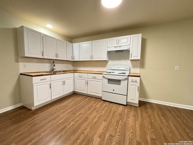 kitchen with white cabinetry, white electric range, wood-type flooring, and sink