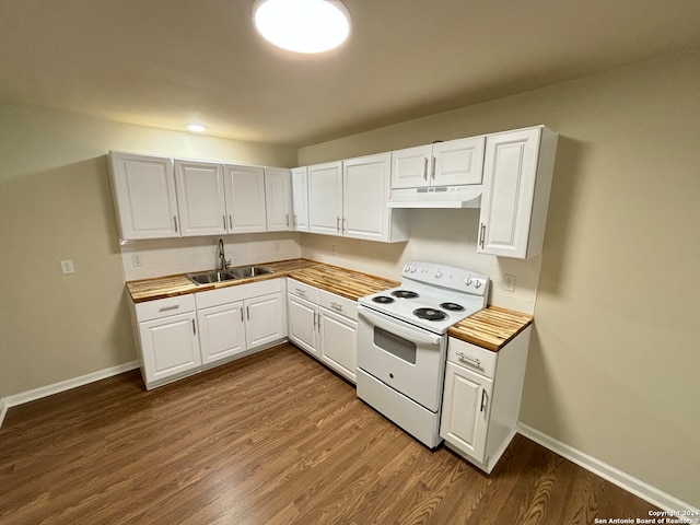 kitchen with wooden counters, white electric range, sink, hardwood / wood-style floors, and white cabinetry