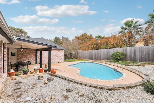 view of pool with a patio area and ceiling fan