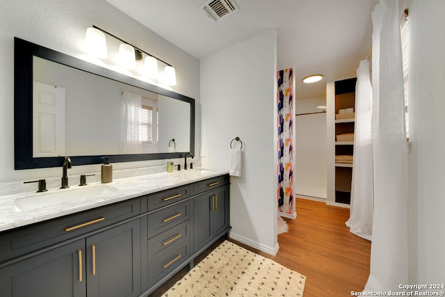 bathroom with vanity and wood-type flooring