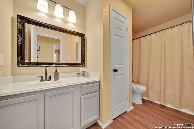 bathroom with toilet, vanity, and wood-type flooring