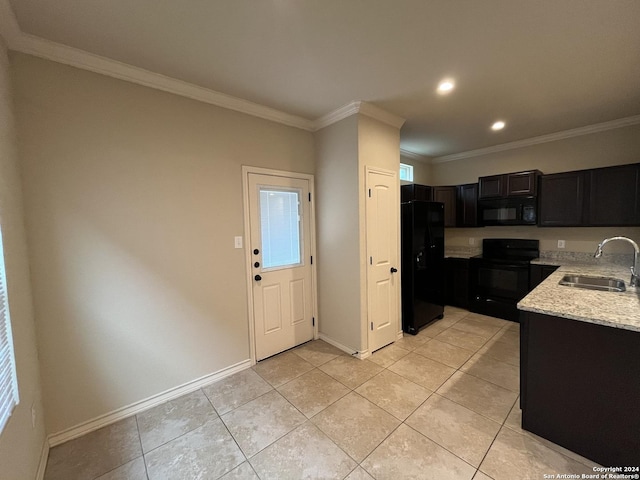 6607 Mia Way, San Antonio, TX 78233 - kitchen with a sink, black appliances, crown molding, baseboards, and light tile patterned floors
