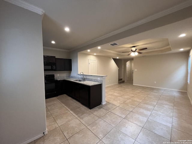 6607 Mia Way, San Antonio, TX 78233 - kitchen featuring black appliances, a sink, a raised ceiling, recessed lighting, and light tile patterned floors