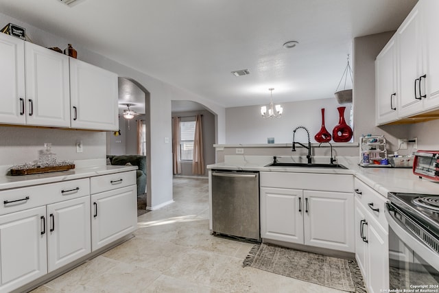 kitchen with kitchen peninsula, sink, pendant lighting, stainless steel dishwasher, and white cabinets