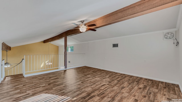 bonus room with vaulted ceiling with beams, hardwood / wood-style flooring, and ceiling fan with notable chandelier