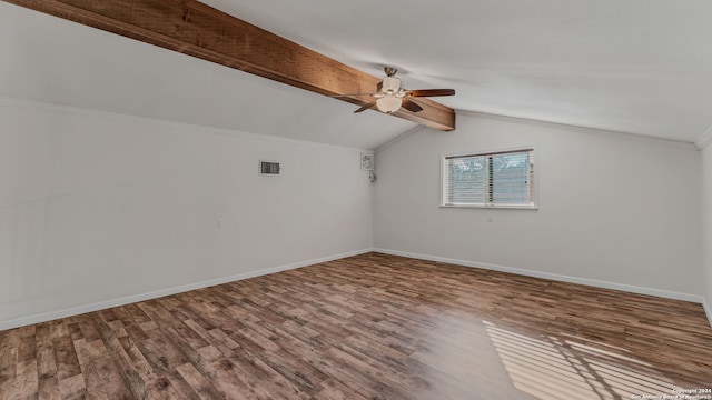 bonus room with hardwood / wood-style floors, lofted ceiling with beams, and ceiling fan