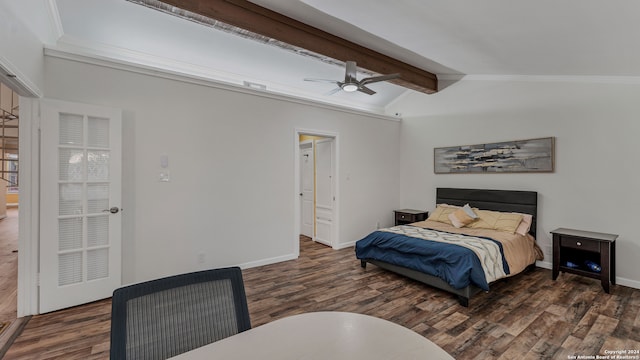 bedroom with ornamental molding, dark wood-type flooring, lofted ceiling with beams, and ceiling fan