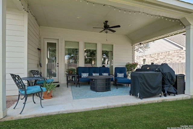 view of patio / terrace with an outdoor living space, ceiling fan, and a grill