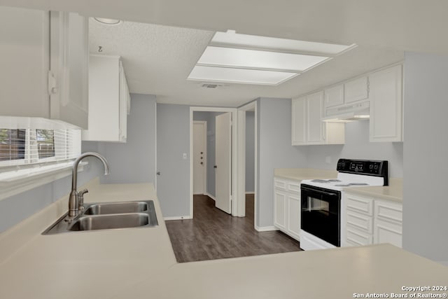 kitchen featuring sink, white cabinetry, custom exhaust hood, white electric range, and dark hardwood / wood-style floors