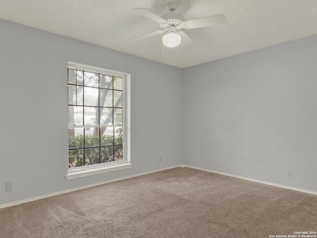 empty room with carpet floors, a textured ceiling, and ceiling fan