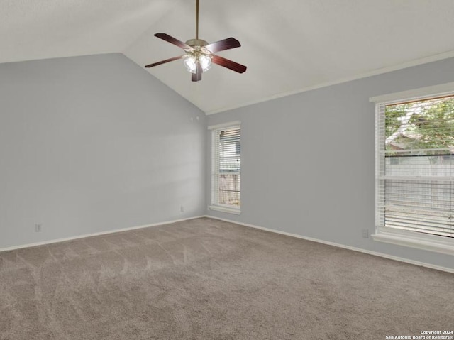 spare room featuring a wealth of natural light, lofted ceiling, carpet, and ceiling fan