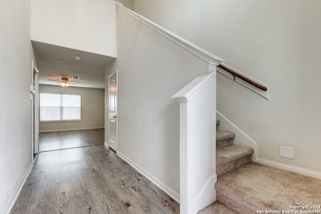 staircase with ceiling fan and hardwood / wood-style flooring