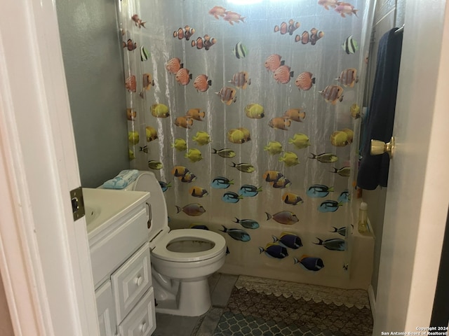 full bathroom with vanity, tile patterned floors, toilet, and shower / bathtub combination with curtain