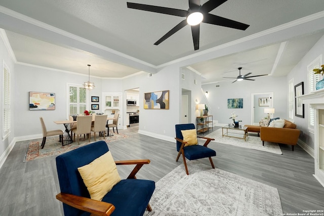 living room featuring hardwood / wood-style flooring, a healthy amount of sunlight, ornamental molding, and ceiling fan with notable chandelier