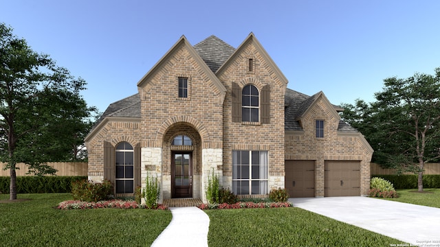 view of front of home with brick siding, driveway, a shingled roof, and a front yard