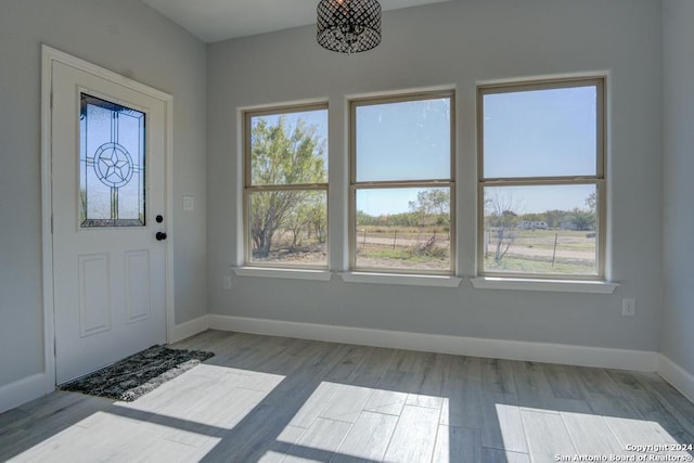 foyer with plenty of natural light, a chandelier, and light hardwood / wood-style flooring