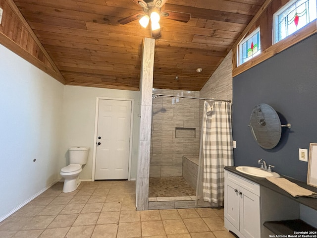 bathroom with vanity, toilet, wood ceiling, and a shower with shower curtain