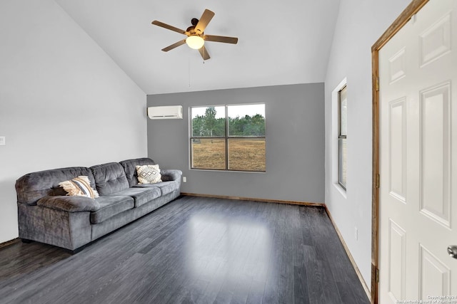 unfurnished living room featuring ceiling fan, high vaulted ceiling, dark hardwood / wood-style flooring, and a wall mounted air conditioner