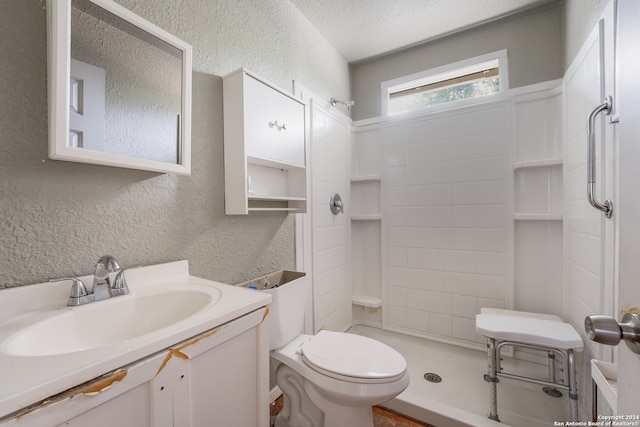 bathroom featuring vanity, a shower, a textured ceiling, and toilet