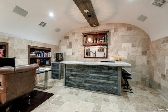 bar featuring wine cooler, lofted ceiling with beams, and tile walls