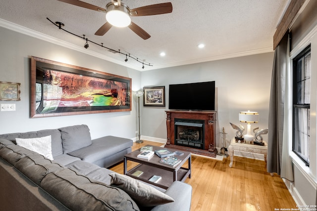 living room with rail lighting, ceiling fan, a textured ceiling, light hardwood / wood-style floors, and crown molding