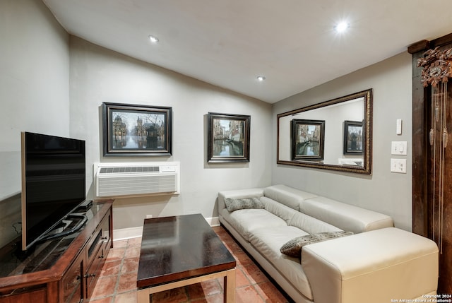 living room with lofted ceiling and cooling unit