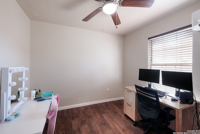 office area with dark hardwood / wood-style floors and ceiling fan